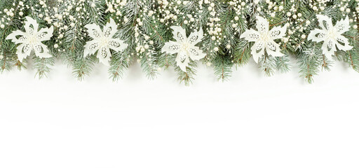 Christmas banner with pearl beads and glitter flowers on a white background with copy space. The...