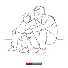 Continuous line drawing of father and son sit and talk. Template for your design works. Vector illustration.