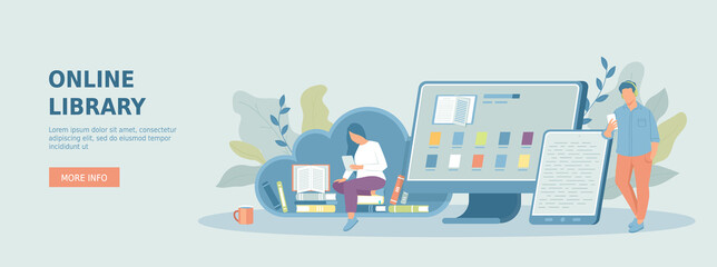 Online library, e-book. Man and woman looking and reading books on website. Online education, shop, store. Promotional web banner. Cartoon flat vector illustration with people characters.