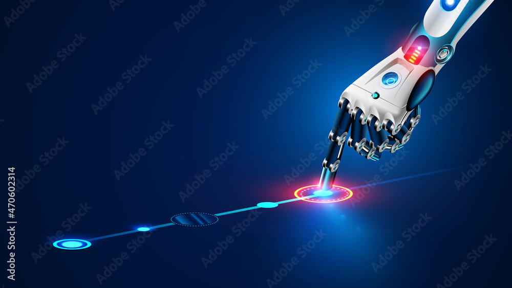 Poster The robot mechanical arm or hand presses the index finger on the button a virtual holographic interface HUD on touch screen. Artificial Intelligence futuristic design concept.