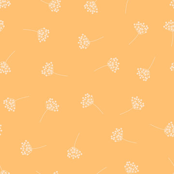 Botanical seamless vector pattern. Subtle flower silhouettes on orange background. Wild grass florals elegant. Delicate minimal nature print for fabric, gift wrap, wallpaper, home decor.