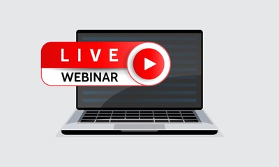 Live webinar, lecture play online button. Laptop notebook computer screen. Vector illustration. design element