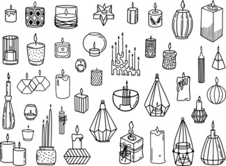 Vector illustration of linear style logos with set of various candlesticks against white background