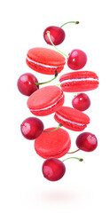 Cherry macaroons isolated on white background. Cherry berries with leaves.