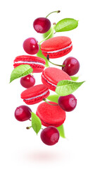 Cherry macaroons isolated on white background. Cherry berries with leaves.