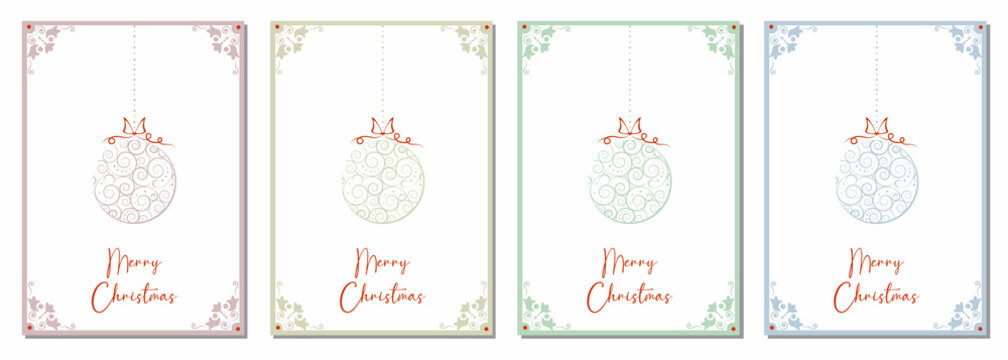 Corporate Holiday cards with pastel Christmas balls and Christmas ornament, floral modern frame, background and copy space. Universal artistic templates. © Alena Abramova