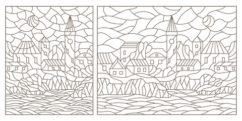 A set of contour illustrations in the style of stained glass with urban landscapes , dark contours on a white background