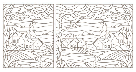 Fototapeta na wymiar A set of contour illustrations in the style of stained glass with urban landscapes , dark contours on a white background