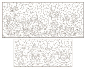 Fototapeta na wymiar A set of contour illustrations in the style of stained glass on the theme of New Year holidays, cute animals on the background of a winter night landscape