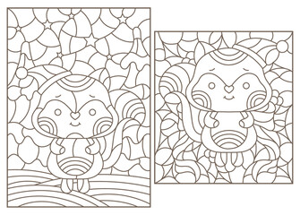 A set of contour illustrations in the style of stained glass on the theme of New Year holidays with cute foxes, dark outlines on a white background