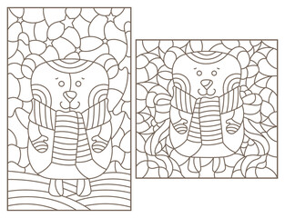 A set of contour illustrations in the style of stained glass on the theme of New Year holidays with cute bears, dark outlines on a white background
