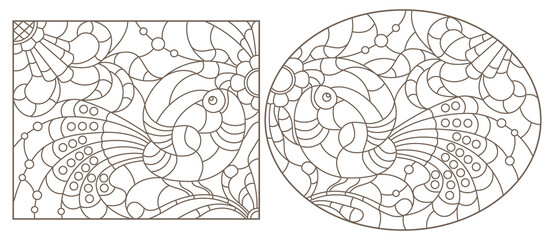 A set of contour illustrations in the style of stained glass with birds and flowers, dark contours on a white background
