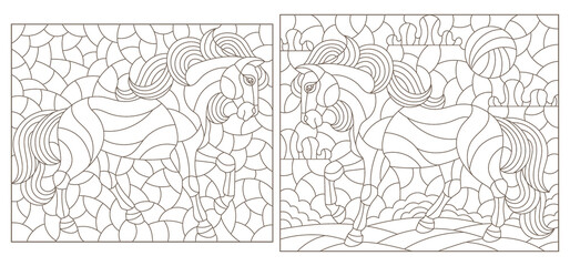 Set of contour illustrations in the stained glass style with horses on a landscape background, dark contours on a white background, rectangular images