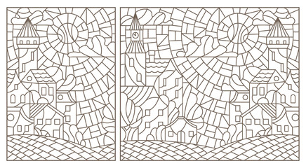 Fototapeta na wymiar A set of contour illustrations in the style of stained glass with urban landscapes , dark contours on a white background