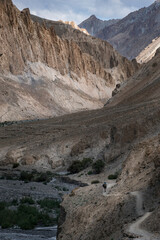 guy hiking in mountain valley in ladkah india