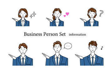 笑顔で受付案内をしているビジネススーツ姿の可愛い男性と女性のアバターアイコンセット イラスト ベクター