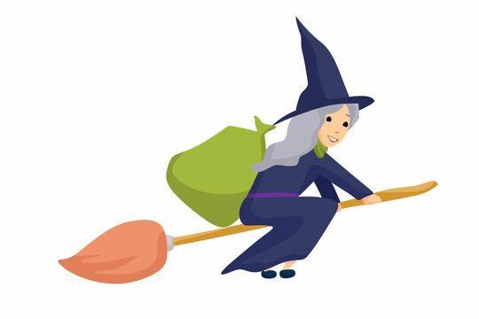 Joyful Befana flies on a broomstick with a bag of gifts. Vector illustration in cartoon style.