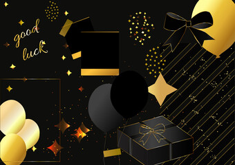 Black background with golden party elements.Elegant party collage background with balloon,glitter,gift box & stars