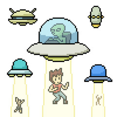 pixel art ufo sucking human © Saphatthachat