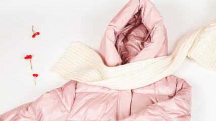 Set of stylish winter clothes on white background, top view. Fashion concept