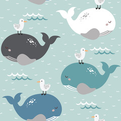 Simple whale and gull seamless childish pattern in blue, white, grey and green colour. Hand drawn repeat pattern for wrapping, fabrik, textile or paper projects. Vector illustration.