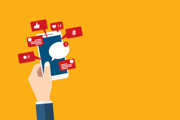 Social Media Smart Phone, Viral content, social media marketing and social media activity - likes, shares and comments popping up on the mobile screen	