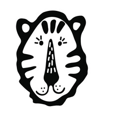 Portrait of cute cartoon hand drawn tiger for the design in scandinavian style. Black and white. Perfect for childish print, t-shirt, apparel, cards, poster, nursery decoration. Vector Illustration