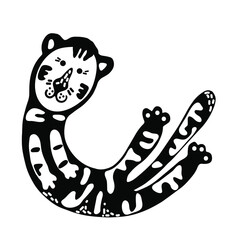 Cute cartoon hand drawn tiger for the design in scandinavian style. Black and white. Perfect for childish print, t-shirt, apparel, cards, poster, nursery decoration. Vector Illustration
