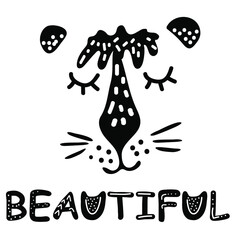 Cute cartoon hand drawn tiger for the design in scandinavian style. Black and white. Perfect for childish print, t-shirt, apparel, cards, poster, nursery decoration. Beautiful lettering