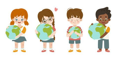 Set of kids hugging the earth globe. Bundle of friendly children holding world in hand. Collection of people care of environment.