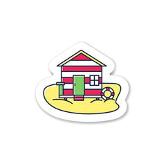 Beach hut sticker. Wooden comfortable house on beach. Lifebuoy. Seascape badge for designs. Rest vector emblem