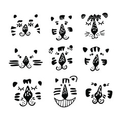 Portrait of cute cartoon hand drawn tiger for the design in scandinavian style. Black and white. Perfect for childish print, t-shirt, apparel, cards, poster, nursery decoration. Vector Illustration