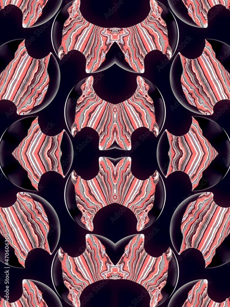 Poster Abstract psychedelic composition of shiny black plastic cut through burning distorted striped neon pattern. 3d rendering