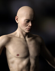 Fototapeta premium Topless bald athletic asian man. Low key studio portrait. 3D rendering.