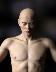 Fototapeta na wymiar Topless bald athletic asian man. Low key studio portrait. 3D rendering.