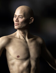 Topless bald athletic asian man. Low key studio portrait. 3D rendering.