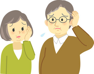 イラスト素材:太った老夫婦が向かい合って困った表情で思い悩む場面　 頭を掻く動作をするおじいさん
