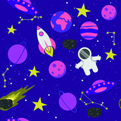 vector space pattern. flat illustration of pattern with astronaut, planets, stars.
