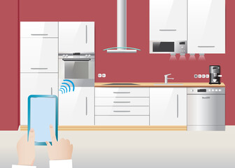 Smart kitchen concept vector showing empty kitchen a hand holding smart phone.