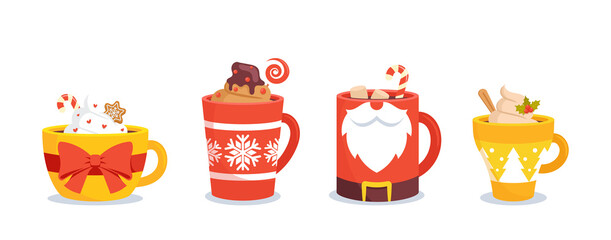 Set of Christmas Mugs with Hot Drinks Cocoa with Marshmallow, Coffee with Whipped Cream. Winter Cups with Beverages