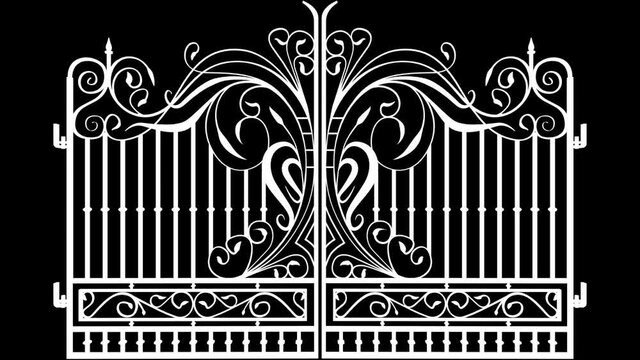 A set of ornate decorative cast iron driveway gates opening outwards on an isolated white background, alpha render included