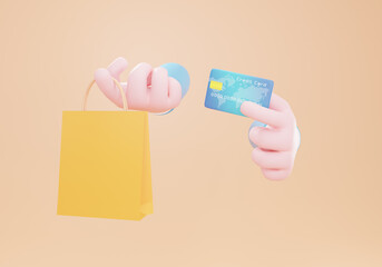 hand holding shopping bags and credit card. 3d rendering