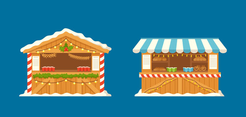 Night Christmas Fair Market Stalls with Bakery and Hot Drinks. Xmas Wooden Souvenir or Food Kiosks, Winter Houses