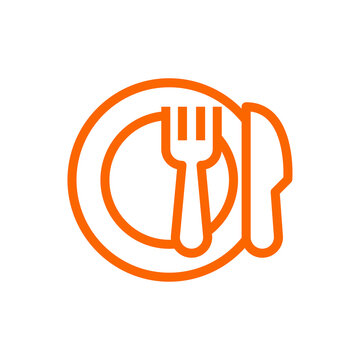 recommend clip art: Logotipo restaurante. Icono con silueta de tenedor y cuchillo en un plato con líneas en color naranja