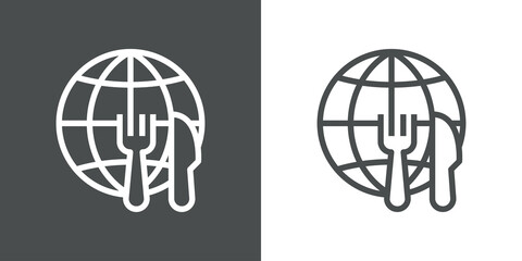 Restaurante comida internacional. Banner con globo terráqueo con cubiertos con líneas en fondo gris y fondo blanco © teracreonte