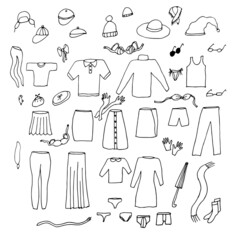 Doodle clothes set. Fashion, clothing store, items for window dressing. Trousers, dress, tights, underwear, hats, accessories. Men's and women's clothing.