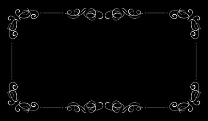 Black Vintage Background, Blank Frame, Filigree Swirls, White Elegant.