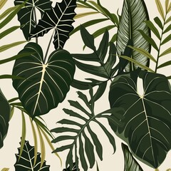 Floral seamless pattern, tropical  plants and leaves, exotic fan palm on beige background.