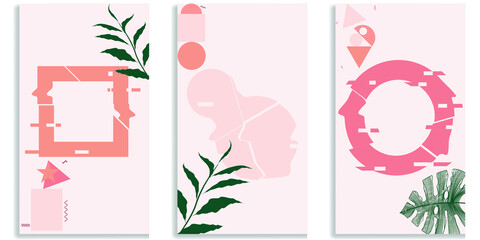 Social media covers with simple design elements . Boho style . Leaves . Post frame stories templates.  Layout for promotion .Media banner .Vector