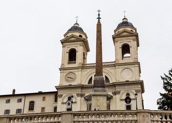 Trinita dei Monti church in Rome, Italy. It is best known for its commanding position above the Spanish Steps which lead down to the Piazza di Spagna